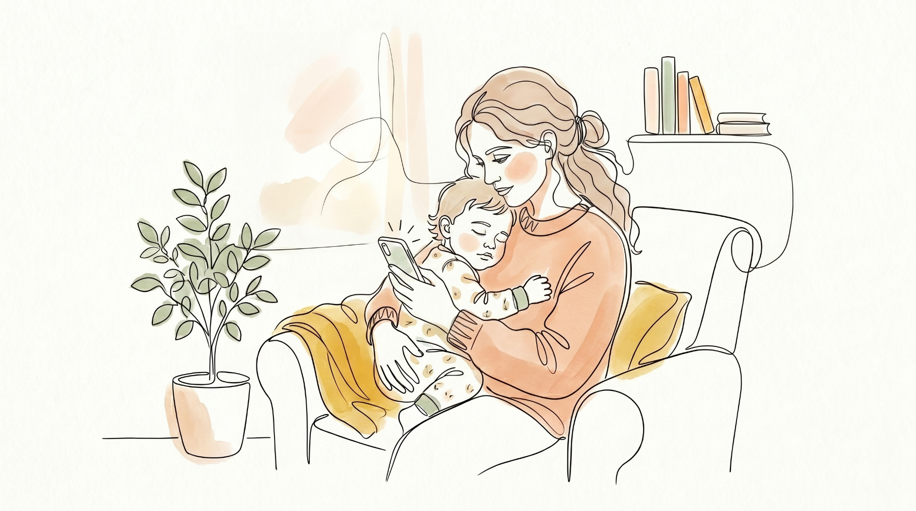 Mother holding sleeping baby while checking her phone